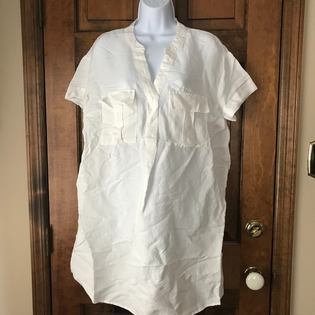 Nwt H&M White Collarless Shirt Dress W/Cuffed Cap Sleeves Size 8